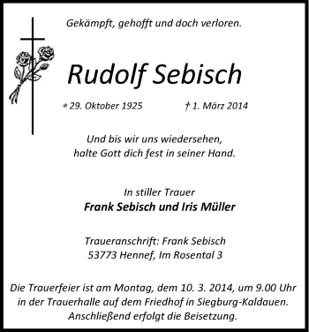 Anzeige von Rudolf Sebisch von Kölner Stadt-Anzeiger / Kölnische Rundschau / Express
