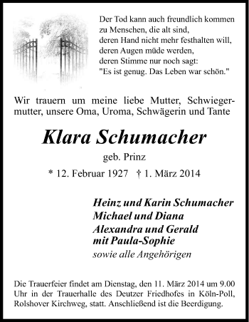 Anzeige von Klara Schumacher von Kölner Stadt-Anzeiger / Kölnische Rundschau / Express