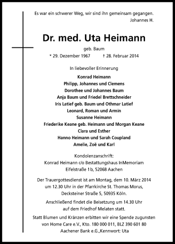 Anzeige von Uta Heimann von Kölner Stadt-Anzeiger / Kölnische Rundschau / Express