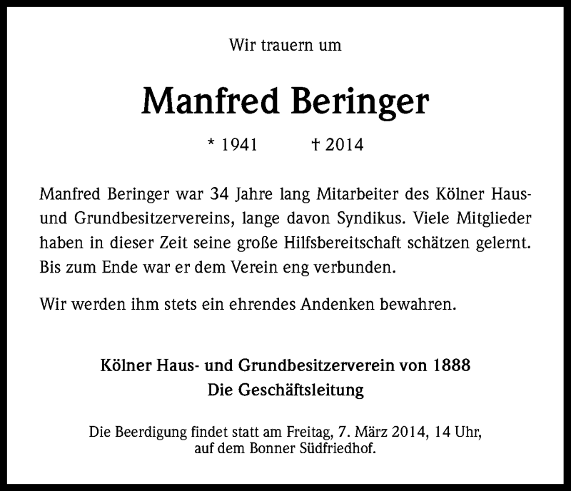  Traueranzeige für Manfred Beringer vom 06.03.2014 aus Kölner Stadt-Anzeiger / Kölnische Rundschau / Express
