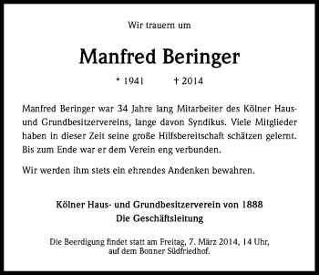 Anzeige von Manfred Beringer von Kölner Stadt-Anzeiger / Kölnische Rundschau / Express