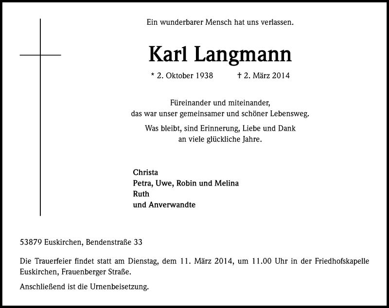  Traueranzeige für Karl Langmann vom 07.03.2014 aus Kölner Stadt-Anzeiger / Kölnische Rundschau / Express