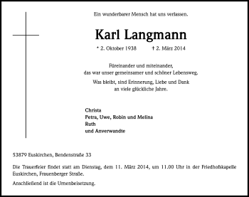 Anzeige von Karl Langmann von Kölner Stadt-Anzeiger / Kölnische Rundschau / Express