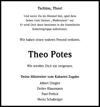 Anzeige von Theo Potes von Kölner Stadt-Anzeiger / Kölnische Rundschau / Express