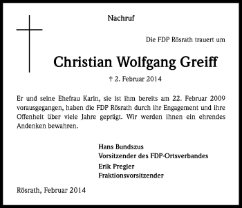 Anzeige von Christian Wolfgang Greiff von Kölner Stadt-Anzeiger / Kölnische Rundschau / Express