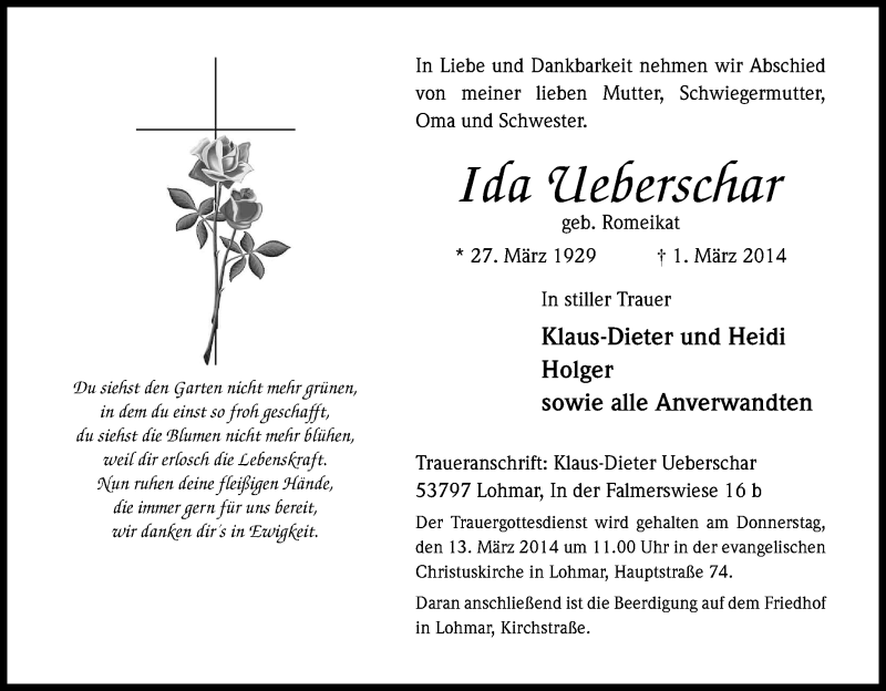  Traueranzeige für Ida Ueberschar vom 08.03.2014 aus Kölner Stadt-Anzeiger / Kölnische Rundschau / Express