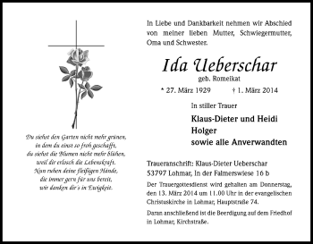 Anzeige von Ida Ueberschar von Kölner Stadt-Anzeiger / Kölnische Rundschau / Express