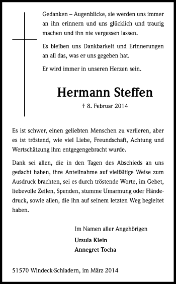 Anzeige von Hermann Steffen von Kölner Stadt-Anzeiger / Kölnische Rundschau / Express
