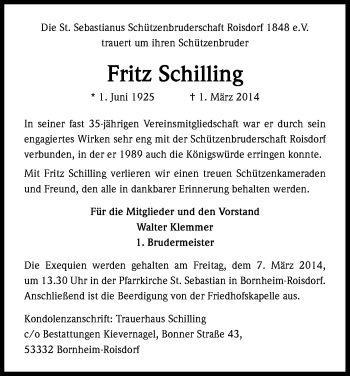 Anzeige von Fritz Schilling von Kölner Stadt-Anzeiger / Kölnische Rundschau / Express