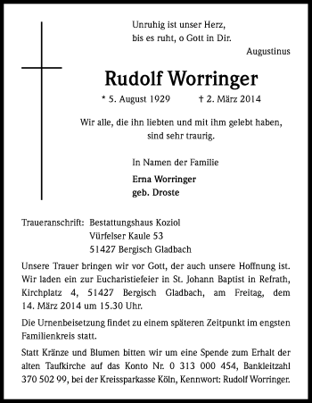 Anzeige von Rudolf Worringen von Kölner Stadt-Anzeiger / Kölnische Rundschau / Express