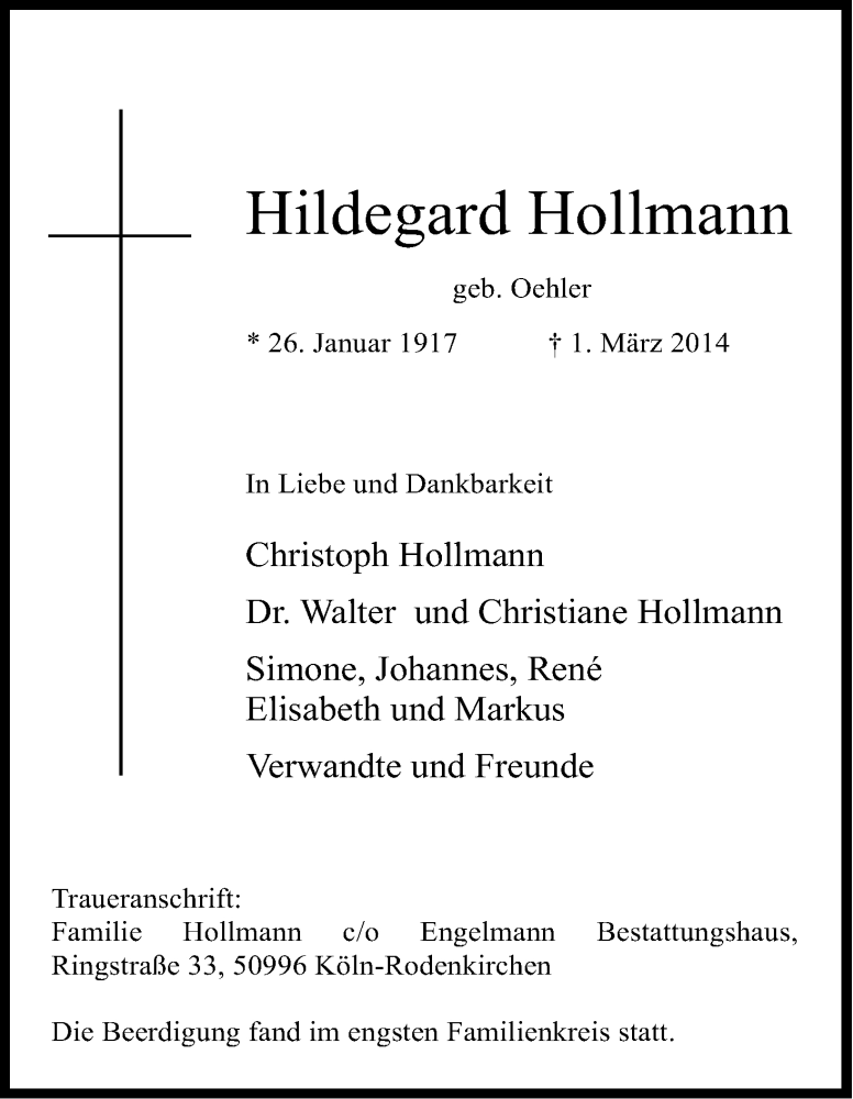  Traueranzeige für Hildegard Hollmann vom 08.03.2014 aus Kölner Stadt-Anzeiger / Kölnische Rundschau / Express