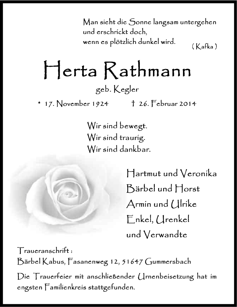  Traueranzeige für Herta Rathmann vom 08.03.2014 aus Kölner Stadt-Anzeiger / Kölnische Rundschau / Express