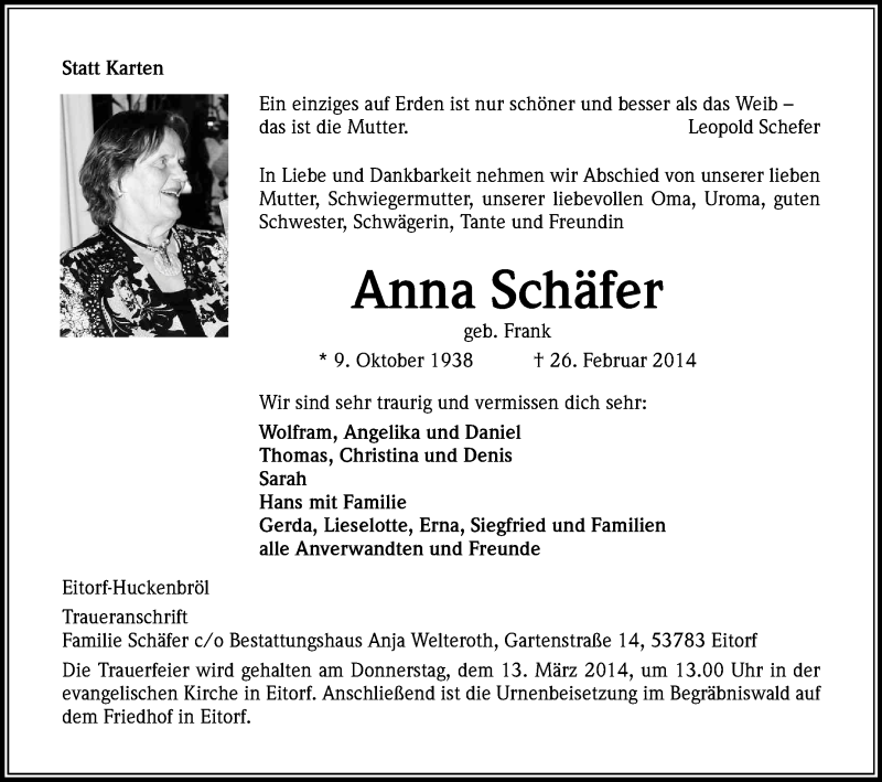  Traueranzeige für Anna Schäfer vom 08.03.2014 aus Kölner Stadt-Anzeiger / Kölnische Rundschau / Express