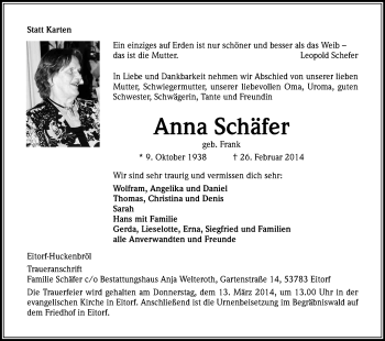 Anzeige von Anna Schäfer von Kölner Stadt-Anzeiger / Kölnische Rundschau / Express