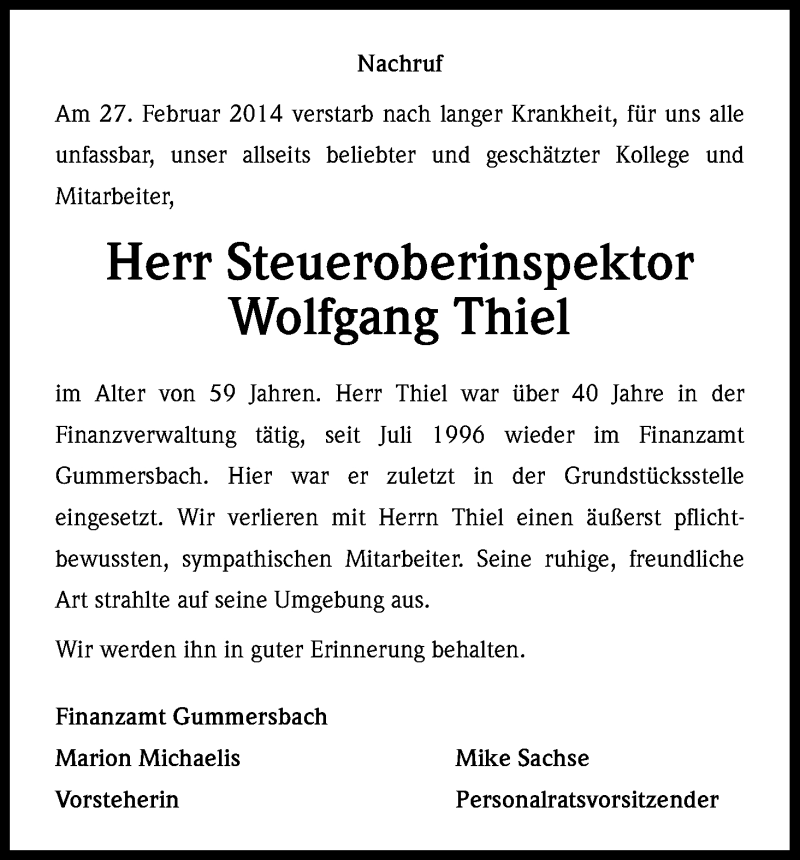  Traueranzeige für Wolfgang Thiel vom 06.03.2014 aus Kölner Stadt-Anzeiger / Kölnische Rundschau / Express