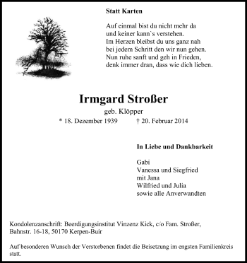 Anzeige von Irmgard Stroßer von Kölner Stadt-Anzeiger / Kölnische Rundschau / Express