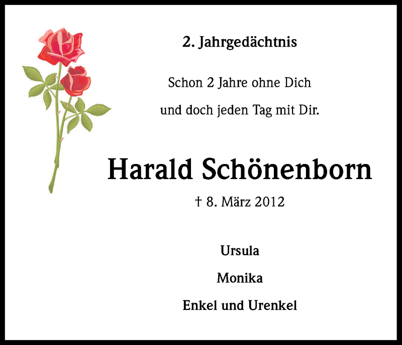  Traueranzeige für Harald Schönenborn vom 08.03.2014 aus Kölner Stadt-Anzeiger / Kölnische Rundschau / Express