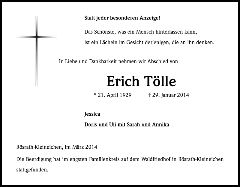  Traueranzeige für Erich Tölle vom 08.03.2014 aus Kölner Stadt-Anzeiger / Kölnische Rundschau / Express
