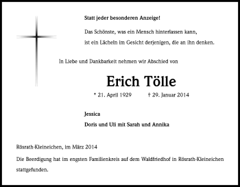 Anzeige von Erich Tölle von Kölner Stadt-Anzeiger / Kölnische Rundschau / Express