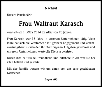 Anzeige von Waltraut Karasch von Kölner Stadt-Anzeiger / Kölnische Rundschau / Express
