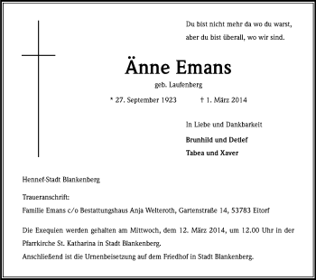Anzeige von Änne Emans von Kölner Stadt-Anzeiger / Kölnische Rundschau / Express