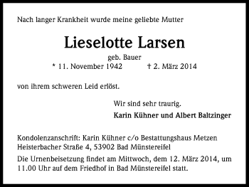 Anzeige von Lieselotte Larsen von Kölner Stadt-Anzeiger / Kölnische Rundschau / Express