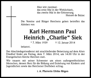 Anzeige von Karl Hermann Paul Heinrich Siek von Kölner Stadt-Anzeiger / Kölnische Rundschau / Express