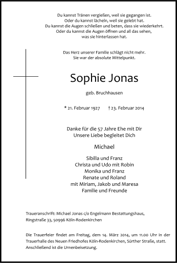 Anzeige von Sophie Jonas von Kölner Stadt-Anzeiger / Kölnische Rundschau / Express