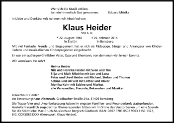 Anzeige von Klaus Heider von Kölner Stadt-Anzeiger / Kölnische Rundschau / Express