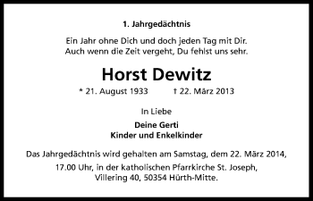 Anzeige von Horst Dewitz von Kölner Stadt-Anzeiger / Kölnische Rundschau / Express