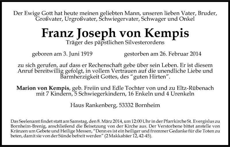  Traueranzeige für Franz Joseph von Kempis vom 06.03.2014 aus Kölner Stadt-Anzeiger / Kölnische Rundschau / Express