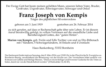 Anzeige von Franz Joseph von Kempis von Kölner Stadt-Anzeiger / Kölnische Rundschau / Express