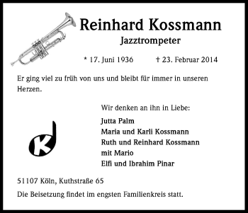 Anzeige von Reinhard Kossmann von Kölner Stadt-Anzeiger / Kölnische Rundschau / Express