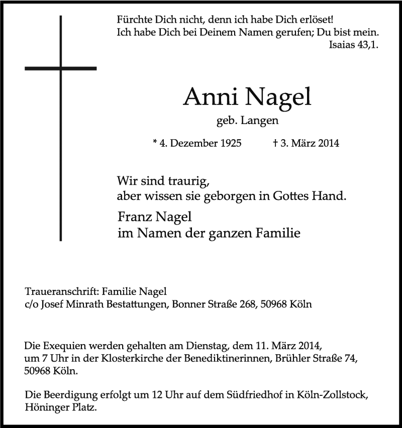 Traueranzeige für Anni Nagel vom 07.03.2014 aus Kölner Stadt-Anzeiger / Kölnische Rundschau / Express