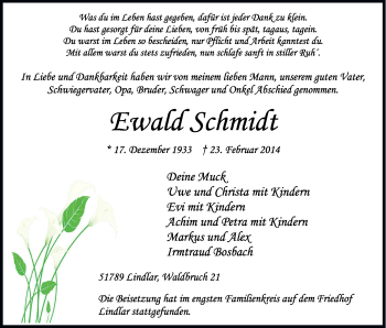 Anzeige von Ewald Schmidt von Kölner Stadt-Anzeiger / Kölnische Rundschau / Express