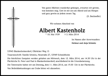 Anzeige von Albert Kastenholz von Kölner Stadt-Anzeiger / Kölnische Rundschau / Express