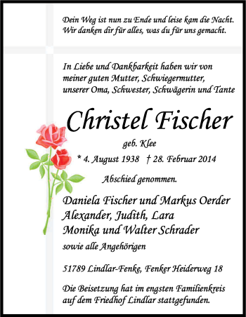 Anzeige von Christel Fischer von Kölner Stadt-Anzeiger / Kölnische Rundschau / Express