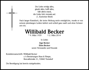 Anzeige von Willibald Becker von Kölner Stadt-Anzeiger / Kölnische Rundschau / Express