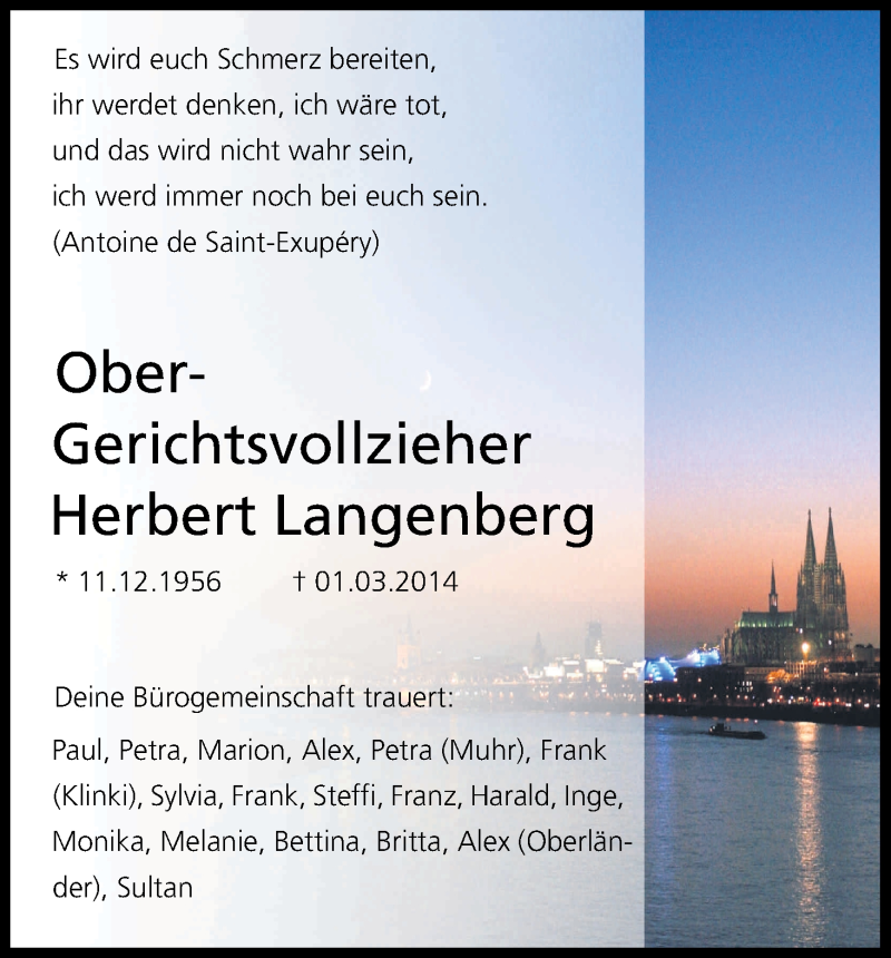  Traueranzeige für Herbert Langenberg vom 08.03.2014 aus Kölner Stadt-Anzeiger / Kölnische Rundschau / Express