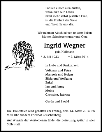 Anzeige von Ingrid Wegner von Kölner Stadt-Anzeiger / Kölnische Rundschau / Express