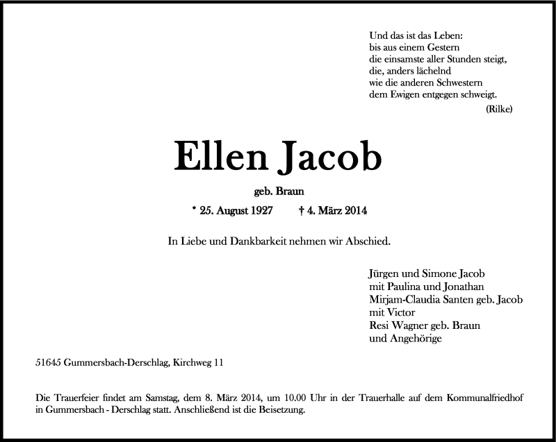  Traueranzeige für Ellen Jacob vom 06.03.2014 aus Kölner Stadt-Anzeiger / Kölnische Rundschau / Express