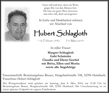 Anzeige von Hubert Schlagloth von Kölner Stadt-Anzeiger / Kölnische Rundschau / Express