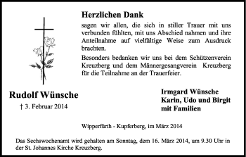 Anzeige von Rudolf Wünsche von Kölner Stadt-Anzeiger / Kölnische Rundschau / Express