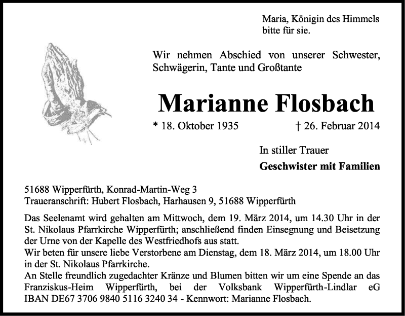  Traueranzeige für Marianne Flosbach vom 08.03.2014 aus Kölner Stadt-Anzeiger / Kölnische Rundschau / Express