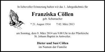 Anzeige von Franziska Cöllen von Kölner Stadt-Anzeiger / Kölnische Rundschau / Express