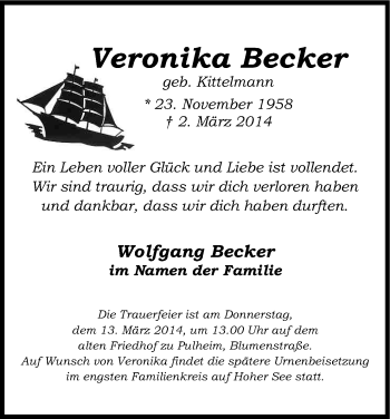 Anzeige von Veronika Becker von Kölner Stadt-Anzeiger / Kölnische Rundschau / Express