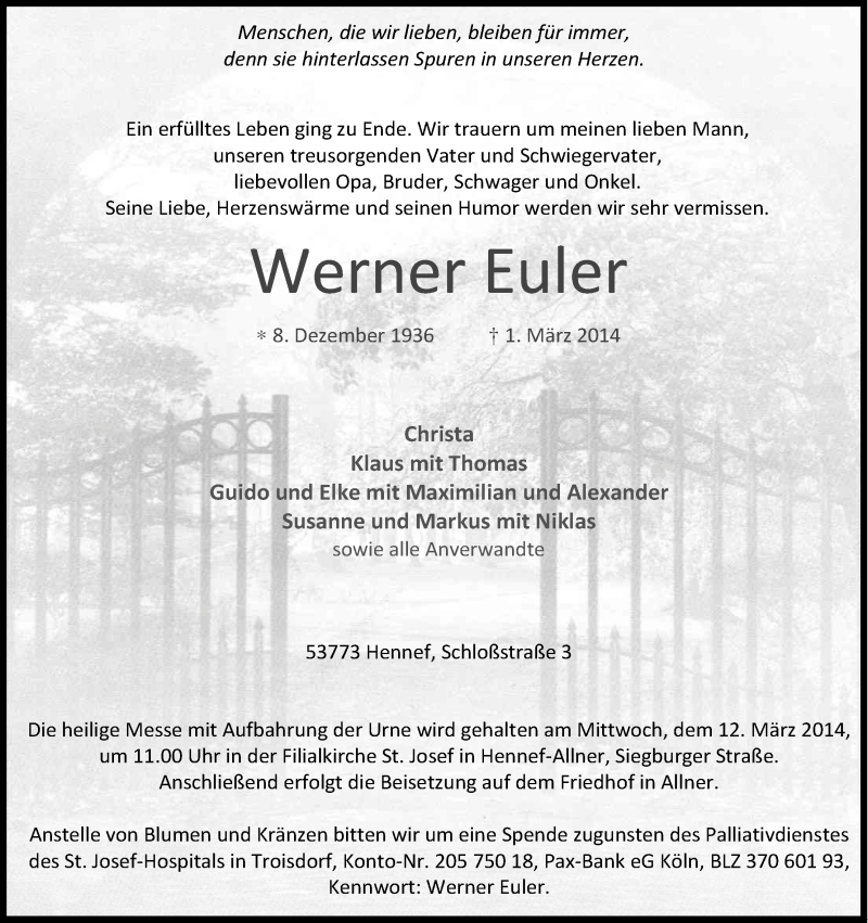  Traueranzeige für Werner Euler vom 06.03.2014 aus Kölner Stadt-Anzeiger / Kölnische Rundschau / Express
