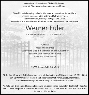 Anzeige von Werner Euler von Kölner Stadt-Anzeiger / Kölnische Rundschau / Express