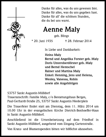 Anzeige von Aenne Maly von Kölner Stadt-Anzeiger / Kölnische Rundschau / Express