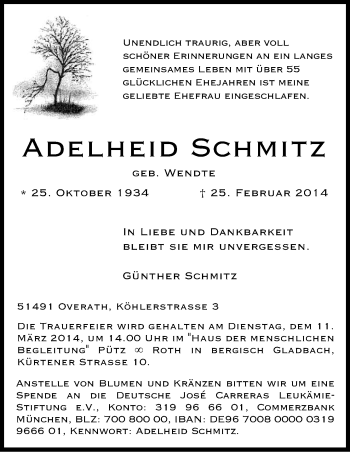 Anzeige von Adelheid Schmitz von Kölner Stadt-Anzeiger / Kölnische Rundschau / Express